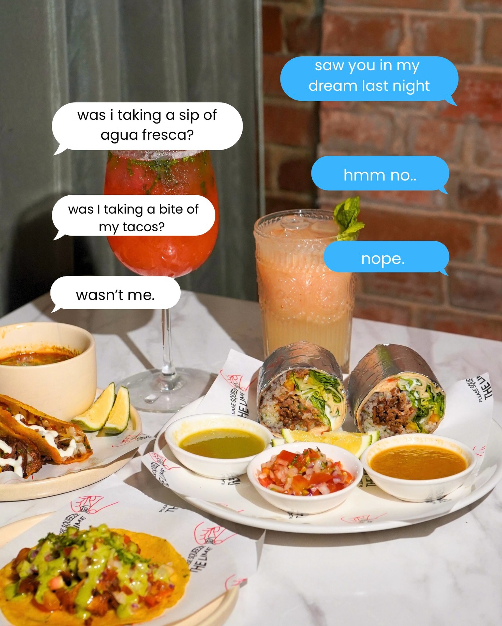 Tequero burritos with condiments and agua fresca drinks